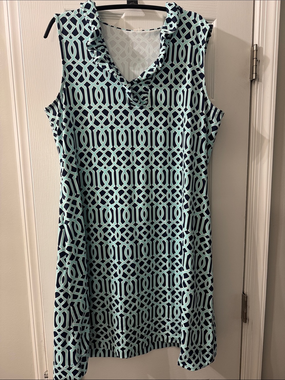 Lulu-B Sleeveless Geometric Midi Dress in Aqua and Navy
